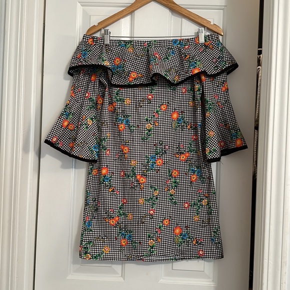 BeBop Black Gingham Plaid Checkered Off Shoulder Floral Mini Dress medium - Picture 2 of 4